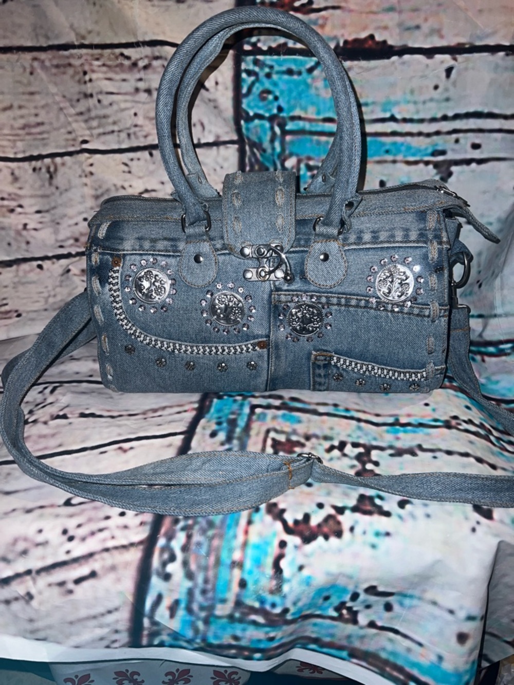 Denim Studded Satchel Handbag - Blue